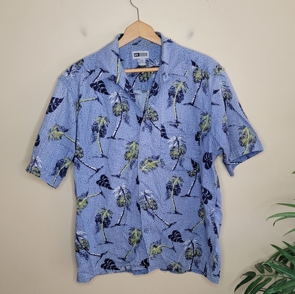 Untied | Blue & Green Tropical Palm Print Short Sleeve Button Front Shirt - Picture 1 of 4